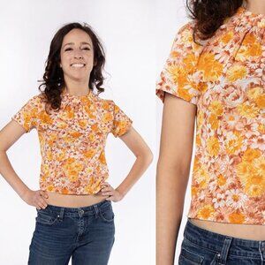 Vintage 1960s Floral Blouse Orange 60s Button Back Top